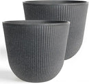 WORTH Garden Round Large Planter Pot Set of 2-17.5" Dia x 15.5" H - Durable Plastic Grey Plant Tree Pots with Vertical Stripe Textured Finish, Drainage Hole for Indoor, Outdoor, Front Porch, Patio by GreenHaven Gardens