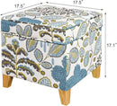 Adeco 18 Inch High Cube Ottoman Storage, Linen Chair Foot Stools, Upholstered Vanity Stool with Hinged Lid, Solid Wood Legs (Blue Leaves) by CozyNest Decor