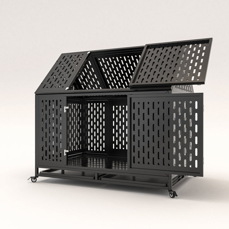 45' Heavy Duty Dog Crate Indestructible Pet Dog Cage Crate Kennel with Roof Top 2 Doors Removable Trays, Lockable Wheels, Escape-Proof for High Anxiety Large/Extra Dogs