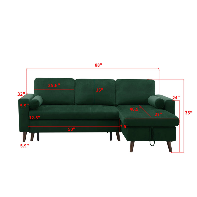 88" Reversible Pull out Sleeper Sectional Storage Sofa Bed, Corner sofa-bed with Storage Chaise Left/Right Handed Chaise