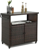 Wicker Outdoor Bar Cart - Brown Patio Console Storage Table Buffet Cabinet Serving Kitchen Cart with Wheels for Outside Backyard by CozyNest Decor