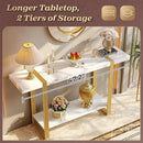 Huuger 47.2 Inch Entryway Table with Marble Top, 2-Tier Modern Console Sofa Table with Storage, Accent Table, for Entry, Hallway, Entrance, Foyer, T-Shaped Metal Frame, White Marble & Gold by CozyNest Decor