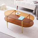 Oval Glass Coffee Table, Mid-Century Modern Design, L41 x W21 x H17 inch, for Living Room, 2-Tier Structure, Amber Glass Top and Walnut Finish Wood Shelf, Conical Legs with Gold Finish Frame by CozyNest Decor