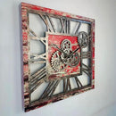 The Gears Clock 24'' Inch Square Real Moving Gear Wall Clock Vintage Industrial Oversized Rustic Farmhouse (Red Lava) by CozyNest Decor