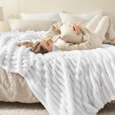 NEWCOSPLAY Super Soft Queen Blanket White Premium Silky Flannel Fleece 3D Ribbed Jacquard Lightweight Bed Blanket All Season Use (White Ribbed, Queen(90"x90"))