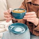 Mora Ceramic Latte Art Mug With Saucer - 10.5 oz, Round Bottom For Perfect Pours - Cafe Cups for Cappuccino, Espresso, Coffee, Tea etc - Porcelain Set for Baristas, Great Gift - Azure Blue by CozyNest Decor