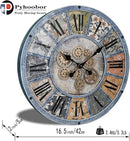 Unique Moving Gear Large Wall Clock - Battery Powered. Retro Industrial Steampunk Country Farmhouse Decor for The Living Room Kitchen Bars cafes and Offices (Blue/Metal/Round) by CozyNest Decor