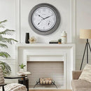 CLXEAST 18 Inch Farmhouse Illuminated Outdoor Atomic Wall Clock with Thermometer & Hygrometer Combo, Night Lighted Wall Clock with Smart Sensor, Weather Stations,Brushed Grey Oak Finish by CozyNest Decor