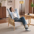 VINGLI Boho Braid Accent Armchair,Mid-Century Modern Chiar with Solid Wooden Armrest,Comfy Louge Cushion Chair with Waist Pillow for Bedroom,Living Room,Reading Room, Light Gray by CozyNest Decor
