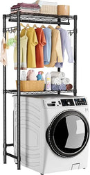 Over Washer and Dryer Shelves,2 Tier Adjustable Height Wire Shelving Laundry Room Storage Organization Clothes Drying Rack with Hanger Rod&Hooks,Space Saving Organizers Shelf,Black by CozyNest Decor