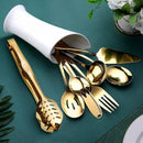 Gold Serving Utensils, OGORI 8-Piece Polished Stainless Steel Flatware Silverware Set Include Serving Spoon, Slotted Spoon, Cake Server, Soup Ladle, Fork, Salad Fork, Butter Knife, Serving Tong by CozyNest Decor