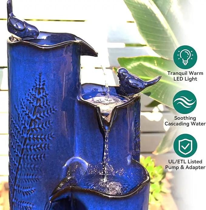 32" H Ceramic Outdoor Water Fountain with LED Lights, 4-Tier Vase Outdoor Fountain, Cobalt Blue Glaze, Embossed Fern Pattern, Cascading Waterfall for Tranquil Garden, Patio, or Porch, photo 5 of 7