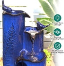32" H Ceramic Outdoor Water Fountain with LED Lights, 4-Tier Vase Outdoor Fountain, Cobalt Blue Glaze, Embossed Fern Pattern, Cascading Waterfall for Tranquil Garden, Patio, or Porch by GreenHaven Gardens