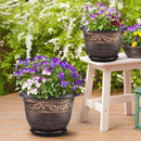 Plastic-Plant-Flower-Planters-16 Inch with Drainage Hole & Saucer, 3 Packs Lightweight Small Resin Flower Pot Indoor Outdoor, Retro Antique Imitation Decorative Garden Containers Sets for Houseplants by GreenHaven Gardens