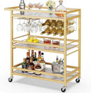 Leteuke Bar Cart for Home, 3 Tier Gold Serving Rolling Carts with Wheels, Drink Cart, Liquor Stand with Marbled Wooden Shelves, Wine Rack and Glass Holder for Kitchen, Dining Room by CozyNest Decor