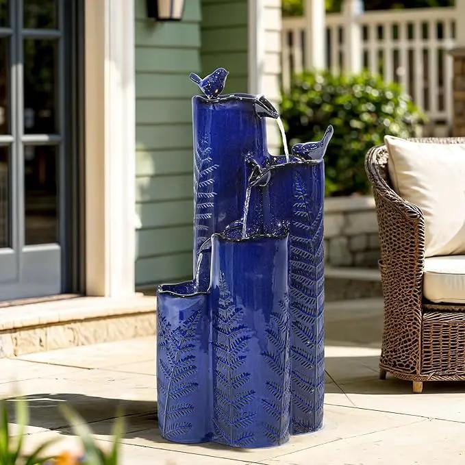 32" H Ceramic Outdoor Water Fountain with LED Lights, 4-Tier Vase Outdoor Fountain, Cobalt Blue Glaze, Embossed Fern Pattern, Cascading Waterfall for Tranquil Garden, Patio, or Porch, photo 3 of 7