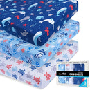 GROW WILD Blue Ocean Baby Crib Sheets for Boys (3 Pack) - Jersey Knit Fitted Sheet (52" x 28"), Toddler Bedding Set & Baby Boy Crib Bedding Set, Turtles and Sea Animals Theme by TinyTreasures Baby Boutique