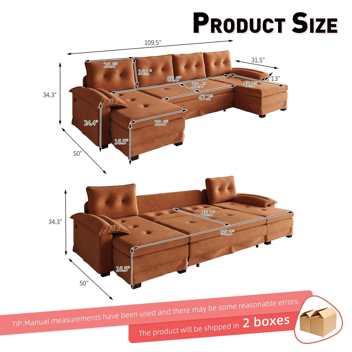U-Shaped Sleeper Sofa With Pull Out Bed, Removable Armrests & USB Ports For Living Room, photo 9 of 12