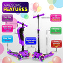 Hurtle 3-Wheeled Scooter for Kids - Wheel LED Lights, Adjustable Lean-to-Steer Handlebar, and Foldable Seat - Sit or Stand Ride with Brake for Boys and Girls Ages 1-14 Years Old by TinyTreasures Baby Boutique
