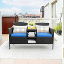 Flamaker Outdoor Furniture Patio Loveseat Wicker 2-Seat with Built-in Table and Cushions Rattan Porch Chairs Bench for Balcony, Lawn, Backyard (Blue) by CozyNest Decor