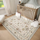 Washable 4x6 Rugs for Living Room, Boho Non-Slip Silicone Backing Small Rugs for Bedroom Nursery Office, 0.3" Neutral Oriental Throw Carpet with 0.16" Cushioning Pad, Light Beige/Multi by TinyTreasures Baby Boutique
