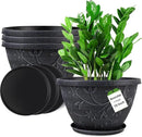 4 Pack 10 Inch Plant Pot for Outdoor Indoor, Plastic Flower Pots with Drainage Hole & Saucer, Lightweight Small Resin Flower Pot, Imitation Magnolia Planter Pots for Garden House（Gray） by CozyNest Decor