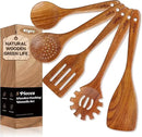 Teak Kitchen Utensils Set, 5 Piece Premium Wooden Cooking Utensils Set, Non-Stick Heat-Resistant Wooden Spoons for Cooking, New Apartment Essentials by CozyNest Decor