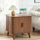 Farmhouse Square End Table with Charging Station, 24" Large Fluted Sofa Side Table with Sliding Tambour Door and Storage, Rustic Curved Wood Nightstand for Living Room, Bedroom, Walnut by CozyNest Decor