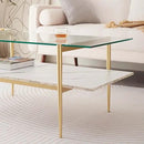 Rectangle Coffee Table for Living Room, Mid-Century Modern Design, L41 x W21 x H17, 2-Tier Structure, Clear Glass Top and White Marble Finish Wood Shelf, Conical Legs with Gold Finish by CozyNest Decor