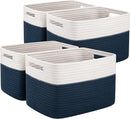 OIAHOMY 4 Pack Storage Baskets for Organizing, Basket for Shelves with Handle, Woven Baskets for Storage Toys, Towels, Books, Cotton Rope Basket 13" L x 9 " W x 7.8 " H, Blue & White by TinyTreasures Baby Boutique