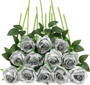Silver Fake Roses Artificial Flowers - 10 Pcs Fake Artificial Roses Silk Flowers with Stems for Home Wedding Hotel Office Centerpiece Decor by CozyNest Decor