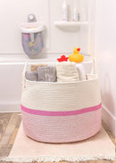 OrganiHaus Boho Woven Basket for Blankets and Laundry, Decorative Large Storage Bin for Living Room, Nursery Basket for Toys & Clothes, Soft Cotton Rope with Handles 20x13 inches - Striped Pink by TinyTreasures Baby Boutique