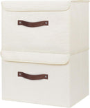 ANMINY 2PCS Storage Bins with Lid PU Leather Handles Storage Boxes PP Plastic Board Decorative Foldable Lidded Cotton Linen Fabric Home Cubes Baskets Closet Organizer Containers - Beige, Large Size by TinyTreasures Baby Boutique