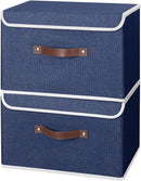ANMINY 2PCS Storage Bins with Lid PU Leather Handles Storage Boxes PP Plastic Board Decorative Foldable Lidded Cotton Linen Fabric Home Cubes Baskets Closet Organizer Containers - Blue, Large Size by TinyTreasures Baby Boutique