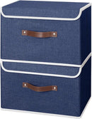 ANMINY 2PCS Storage Bins with Lid PU Leather Handles Storage Boxes PP Plastic Board Decorative Foldable Lidded Cotton Linen Fabric Home Cubes Baskets Closet Organizer Containers - Blue, Large Size by CozyNest Decor