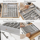 Premium Silverware, Flatware and Utensil Organizer for Kitchen Drawers, Food-Safe Contract Grade, Expandable from 10.5 to 19 In, Gray Bamboo by CozyNest Decor