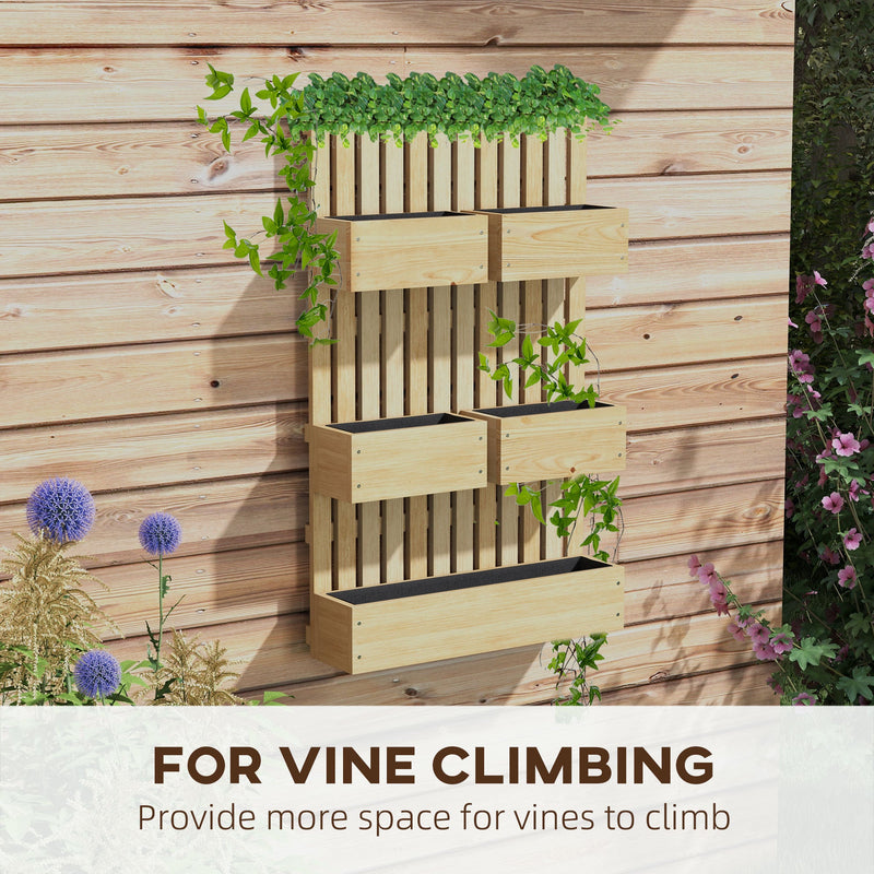 5 Box Raised Garden Bed with Trellis for Vine Flowers & Climbing Plants, 39" Tall Wall-Mounted Wood Planter Box Set with Adjustable Height, Drainage Hole, Natural