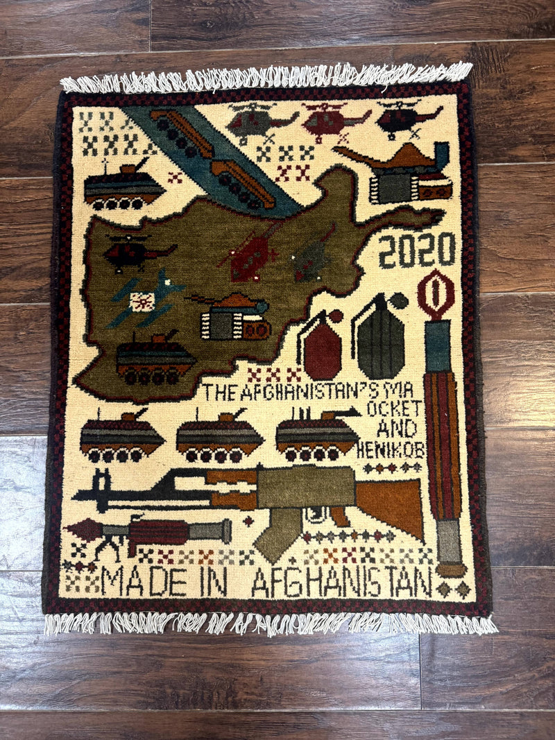 Afghan War Rug, Helicopters Tanks Guns, Handmade, Wool, 2x3