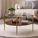 Round Coffee Table, Mid-Century Modern Design, D30“ x H17”, for Living Room, 2-Tier Structure, Clear Glass Top and Walnut MDF Shelf, Sleek Conical Metal Legs with Gold Finish by CozyNest Decor