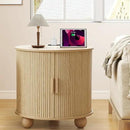 Farmhouse Round End Table with Charging Station, 24" Large Fluted Sofa Side Table with Sliding Tambour Door & Storage, Mid-Century Wood Nightstand for Living Room, Bedroom (Natural) by CozyNest Decor