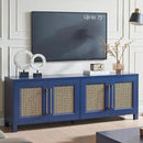 JYED Mid Century Modern TV Stand for TVs up to 75", 69.5" W Blue Entertainment Center with 4 Gold Metal Mesh Doors - Wood Grain MDF TV Console, Media Storage by CozyNest Decor