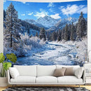 AMM Winter Forest Snow Mountain Tapestry Snowy Pine Tree Woodland Tapestry for Bedroom Aesthetic White Clouds Flowing River Landscape Tapestries Wall Hanging for Living Room Dorm Office 80 x 60 Inch by CozyNest Decor