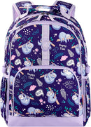 Choco Mocha Sloth Backpack for Girls, Elementary School Backpack for Girls Ages 6-8 Kids Kindergarten Backpack Large Bookbag 18 Inch with Chest Strap, Purple by TinyTreasures Baby Boutique