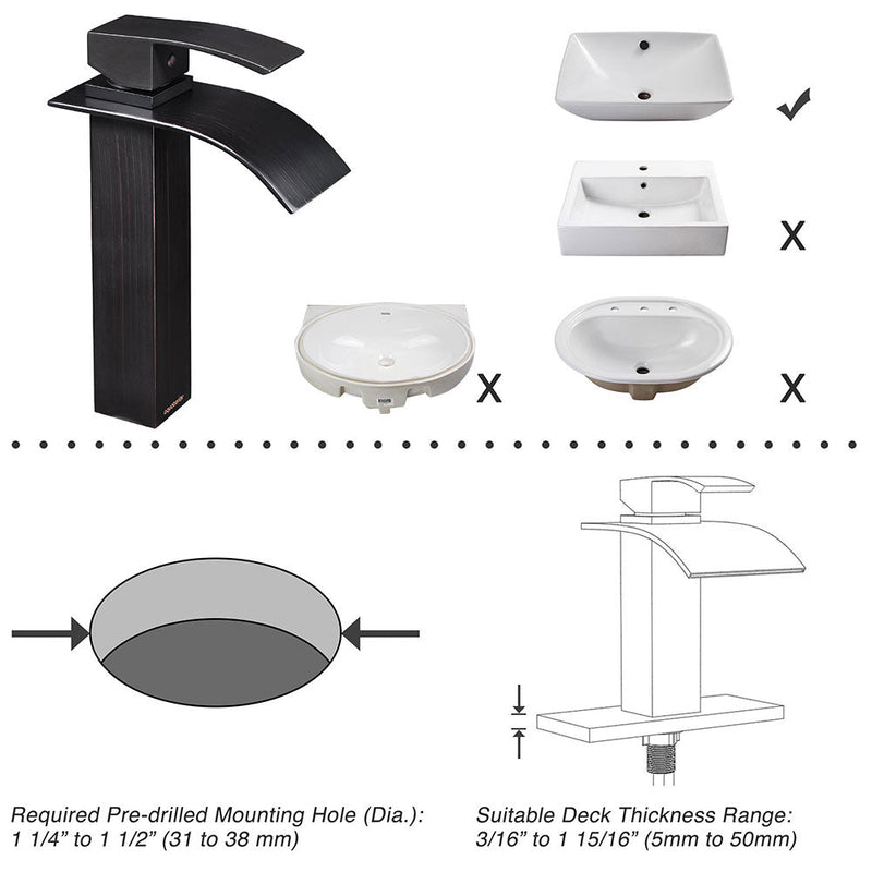 Aquaterior Waterfall Vessel Faucet Square 1-Handle Cold & Hot 10"H