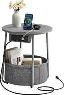 VASAGLE Side Table with Charging Station, Round End Table with Fabric Basket, Nightstand with Power Outlets, USB Ports, for Living Room, Bedroom, Modern, Dove Gray and Slate Gray ULET228G01 by CozyNest Decor