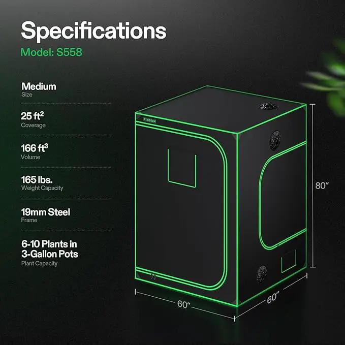 VIVOSUN S558 5x5 Grow Tent, 60"x60"x80" High Reflective Mylar with Observation Window and Floor Tray for Hydroponics Indoor Plant for VSF6450, photo 7 of 8