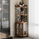 Corner Bar Cabinet with Power Outlet, 5-Tier Corner Wine Cabinet with Led Strip and Glass Holder, Industrial Tall Liquor Cabinet Bar Wine Rack for Home, Rustic Brown by CozyNest Decor