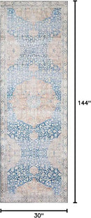 Loloi Layla Collection LAY-07 Blue/Tangerine 2'-6" x 12'-0" .13" Thick Runner Rug, Soft, Durable, Vintage Inspired, Distressed, Low Pile, Non-Shedding, Easy Clean, Printed, Living Room Rug by CozyNest Decor