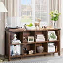 8 Cube Book Shelf, Farmhouse Wood Long Storage Organizer Bookcase, 62" Horizontal Brown Walnut Console Closet Bookshelf, Hallway TV Stand for Entryway, Display Cabinet Book Case for Office by CozyNest Decor