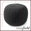 Casafield Round Pouf Ottoman, Black - 20" Diameter x 14.5" High Cotton Knit Foot Stool - Boho Floor Pouffe for Living Room, Bedroom, Home Office by CozyNest Decor